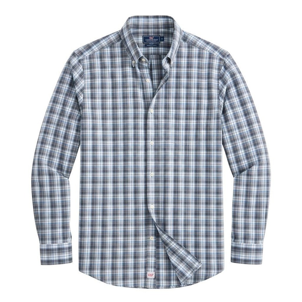 Vineyard Vines Men's Large Blue Grey Plaid Performance Button Down Shirt